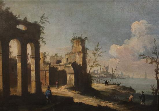Follower of Michele Marieschi (1710-1743) Capriccio landscape with a Venetian port 20 x 28in.